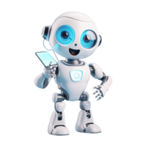 a robot holding a phone and looking at it, png