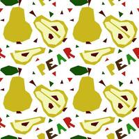 A pattern with an abstract image of a pear and a name in the form of geometric shapes. Colorful textile print in tropical style. Packaging for products with a certain taste. Stylized flat vector