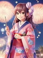 A cute cartoon girl in a kimono with fireworks in the background. photo