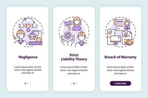 2D icons representing product liability mobile app screen set. Walkthrough 3 steps multicolor graphic instructions with linear icons concept, UI, UX, GUI template. vector