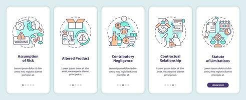 2D icons representing product liability mobile app screen set. Walkthrough 5 steps colorful graphic instructions with line icons concept, UI, UX, GUI template. vector