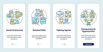 2D icons representing unretirement mobile app screen set. Walkthrough 4 steps multicolor graphic instructions with linear icons concept, UI, UX, GUI template. vector