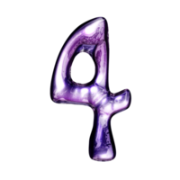 quatre nombre y2k alphabet avec liquide foncé violet chrome effet png