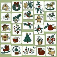 vector Navidad adviento calendario en retro estilo. colección de vector ilustraciones con animales, alimento, regalos. Navidad imágenes con festivo elementos para 25 días. enmarcado artículos redondeado bordes