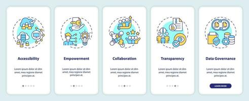 2D linear icons representing data democratization mobile app screen set. 5 steps graphic instructions, UI, UX, GUI template. vector