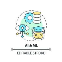Editable Ai and ML concept thin line icon, isolated vector representing data democratization.