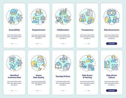 2D icons representing data democratization mobile app screen set. Walkthrough 5 steps colorful graphic instructions with thin line icons concept, UI, UX, GUI template. vector