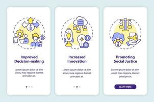 2D multicolor linear icons representing data democratization mobile app screen set. 3 steps graphic instructions, UI, UX, GUI template. vector