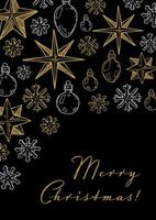 Merry Christmas and Happy New Year vertical greeting card with hand drawn golden stars and toys on black background. Vector illustration in sketch style