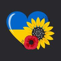Red poppy flower and a large sunflower on a yellow and blue heart isolated on a black background. Vector. vector