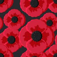 Red poppies on a black background create a seamless pattern with spring flowers for fashion textiles. Vector. vector