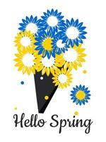 Bouquet with blue and yellow sunflowers isolated on white background with inscription Hello Spring. Vector. vector