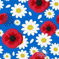 Red poppies and white daisies on a blue background create a seamless pattern with spring flowers for fashion textiles. Vector. vector