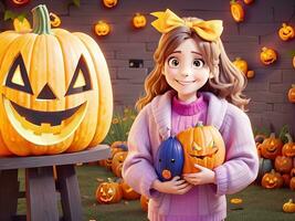 Cute cartoon girl in halloween costume holding jack o lantern photo