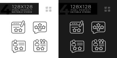 Leave comments with feedbacks pixel perfect linear icons set for dark, light mode. Write review on service on line. Thin line symbols for night, day theme. Isolated illustrations. Editable stroke vector