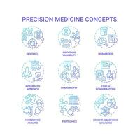 precisión medicina azul degradado concepto íconos colocar. personalizado cuidado de la salud programa. individualizado paciente diagnóstico y tratamiento idea Delgado línea color ilustraciones. aislado símbolos vector