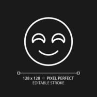 Smiling emoji pixel perfect white linear icon for dark theme. Positive reaction on product. Happy face. Satisfied service user. Thin line illustration. Isolated symbol for night mode. Editable stroke vector