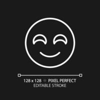 Smiling emoji pixel perfect white linear icon for dark theme. Positive reaction on product. Happy face. Satisfied service user. Thin line illustration. Isolated symbol for night mode. Editable stroke vector