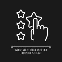 Assess pixel perfect white linear icon for dark theme. User leaving feedback about service. Experience sharing online. Thin line illustration. Isolated symbol for night mode. Editable stroke vector