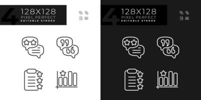 Business rating analysing pixel perfect linear icons set for dark, light mode. Studying users reaction. Thin line symbols for night, day theme. Isolated illustrations. Editable stroke vector