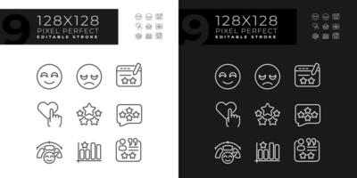 Customer reaction on content pixel perfect linear icons set for dark, light mode. Evaluation of service. Thin line symbols for night, day theme. Isolated illustrations. Editable stroke vector