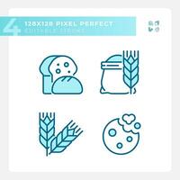 Bakery and bread pixel perfect blue RGB color icons set. Fresh baked goods. Wheat products. Whole grain. Isolated vector illustrations. Simple filled line drawings collection. Editable stroke