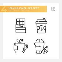 Drinks and desserts pixel perfect linear icons set. Cafe menu. Coffee shop. Tea time. Beverage aisle. Customizable thin line symbols. Isolated vector outline illustrations. Editable stroke