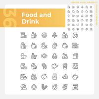 Food and drink pixel perfect linear icons set. Grocery store. Supermarket product categories. Shopping list. Customizable thin line symbols. Isolated vector outline illustrations. Editable stroke