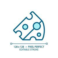 Cheese pixel perfect blue RGB color icon. Milk product. Dairy industry. Deli section. Snack flavor. Appetizer board. Isolated vector illustration. Simple filled line drawing. Editable stroke