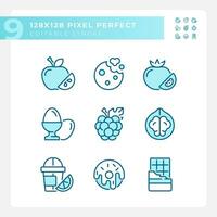 Food shopping pixel perfect blue RGB color icons set. Meal planning. Retail store. Supermarket. Grocery list. Isolated vector illustrations. Simple filled line drawings collection. Editable stroke