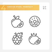 Supermarket items pixel perfect linear icons set. Eating habits. Grocery list. Vegetarian food. Customizable thin line symbols. Isolated vector outline illustrations. Editable stroke