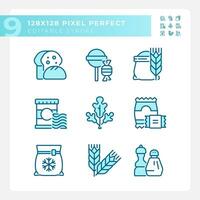 Supermarket products pixel perfect blue RGB color icons set. Grocery store food. Shopping cart. Isolated vector illustrations. Simple filled line drawings collection. Editable stroke