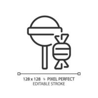 Candy pixel perfect linear icon. Confectionery store. Sweet shop. Caramel lollipop. Sugar based food. Thin line illustration. Contour symbol. Vector outline drawing. Editable stroke