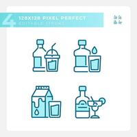 Bottled beverages pixel perfect blue RGB color icons set. Alcohol and soft drinks. Liquid refreshments. Isolated vector illustrations. Simple filled line drawings collection. Editable stroke