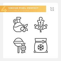 Retail assortment pixel perfect linear icons set. Food variety. Online grocery. Supermarket shelf. Customizable thin line symbols. Isolated vector outline illustrations. Editable stroke