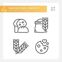 Bakery and bread pixel perfect linear icons set. Fresh baked goods. Wheat products. Whole grain. Customizable thin line symbols. Isolated vector outline illustrations. Editable stroke