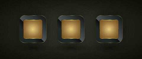 conjunto de Tres lujo y prima botones, bandera vector ilustración diseño, dorado resumen antecedentes con dorado rectángulo