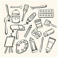 Hand drawn set of artist tools doodle. Art supplies in sketch style. Easel, brushes, paint, pencils. Vector illustration isolated on white background.