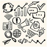 Hand drawn vector illustration icons set digital marketing and media strategy doodle elements. Isolated on a white background