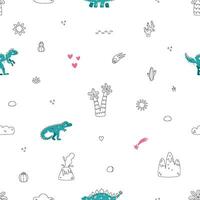 Vector seamless pattern with dinosaur palm grass asteroid cactus