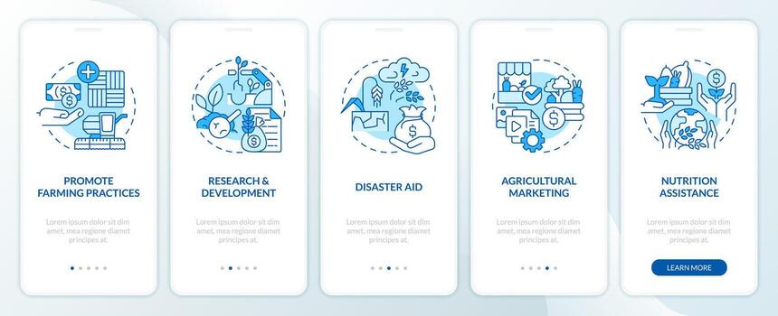 Agricultural subsidies blue onboarding mobile app screen. Walkthrough 5 steps editable graphic instructions with linear concepts. UI, UX, GUI template vector
