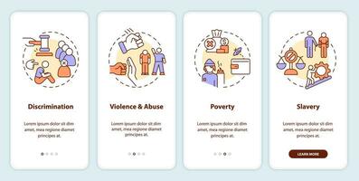 Justice issues onboarding mobile app screen. Society problems walkthrough 4 steps editable graphic instructions with linear concepts. UI, UX, GUI template vector