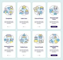 Legal cases onboarding mobile app screen set. Laws and regulations walkthrough 4 steps editable graphic instructions with linear concepts. UI, UX, GUI template vector