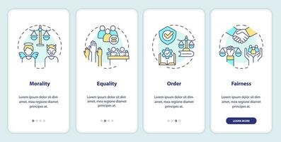 Law and justice ideas onboarding mobile app screen. Walkthrough 4 steps editable graphic instructions with linear concepts. UI, UX, GUI template vector