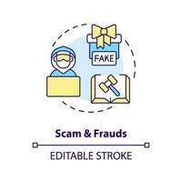 Scam and frauds concept icon. Fraudulent activity online. Law and legal issue abstract idea thin line illustration. Isolated outline drawing. Editable stroke vector