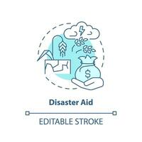 Disaster aid turquoise concept icon. Insurance for farmers. Agricultural subsidy abstract idea thin line illustration. Isolated outline drawing. Editable stroke vector