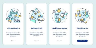 Social justice examples onboarding mobile app screen. Walkthrough 4 steps editable graphic instructions with linear concepts. UI, UX, GUI template vector