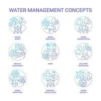 Water management blue gradient concept icons set. Natural resources consumption planning idea thin line color illustrations. Isolated symbols vector