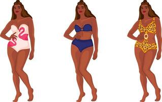 African female model in various swimming suits. A collection of trendy swimwear. vector