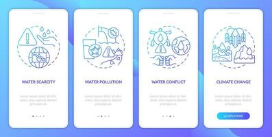 Water source threats blue gradient onboarding mobile app screen. Dangers walkthrough 4 steps graphic instructions with linear concepts. UI, UX, GUI template vector